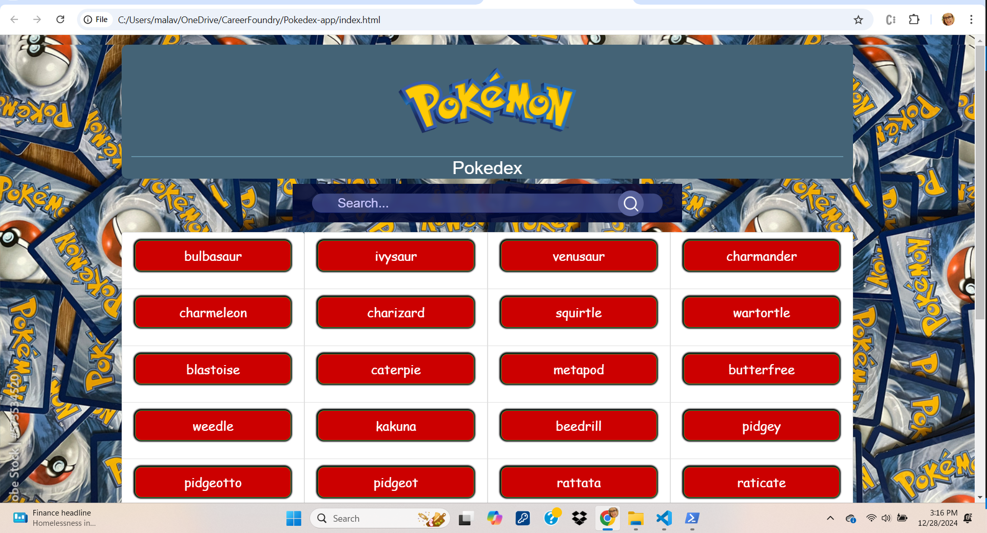 Screenshot of the Pokedex App project
